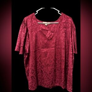Women's Burgundy Satin Leopard-Print Blouse